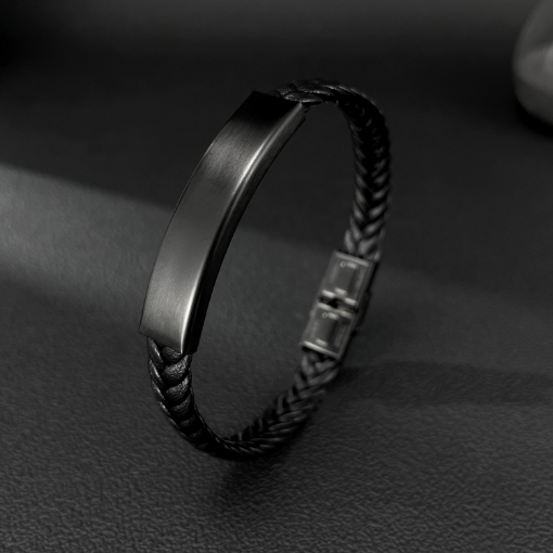 Picture of  Retro Black Stainless Steel Braided Leather Bracelet